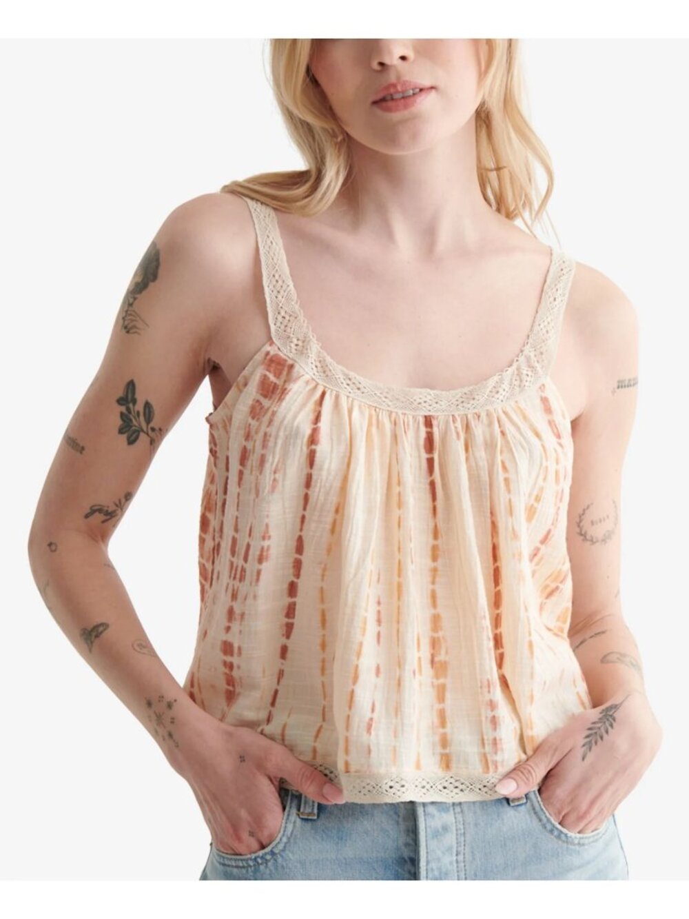 Lucky Brand Tie Dye Swing Tank Boho Lace Trim Top Peach & Cream Size XS